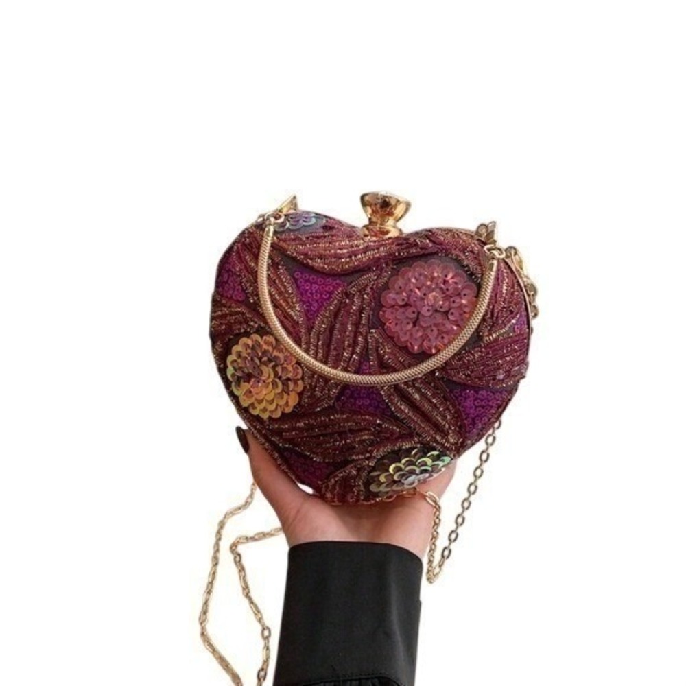 New Heart-Shaped Sequin Evening Clutch – Floral Embroidery with Gold Chain